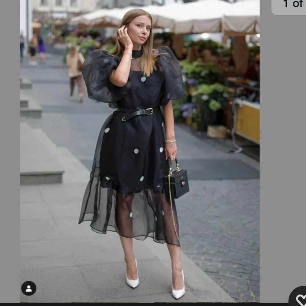 H&M BALLOON SLEEVES BLACK WHITE ORGANZA DRESS S